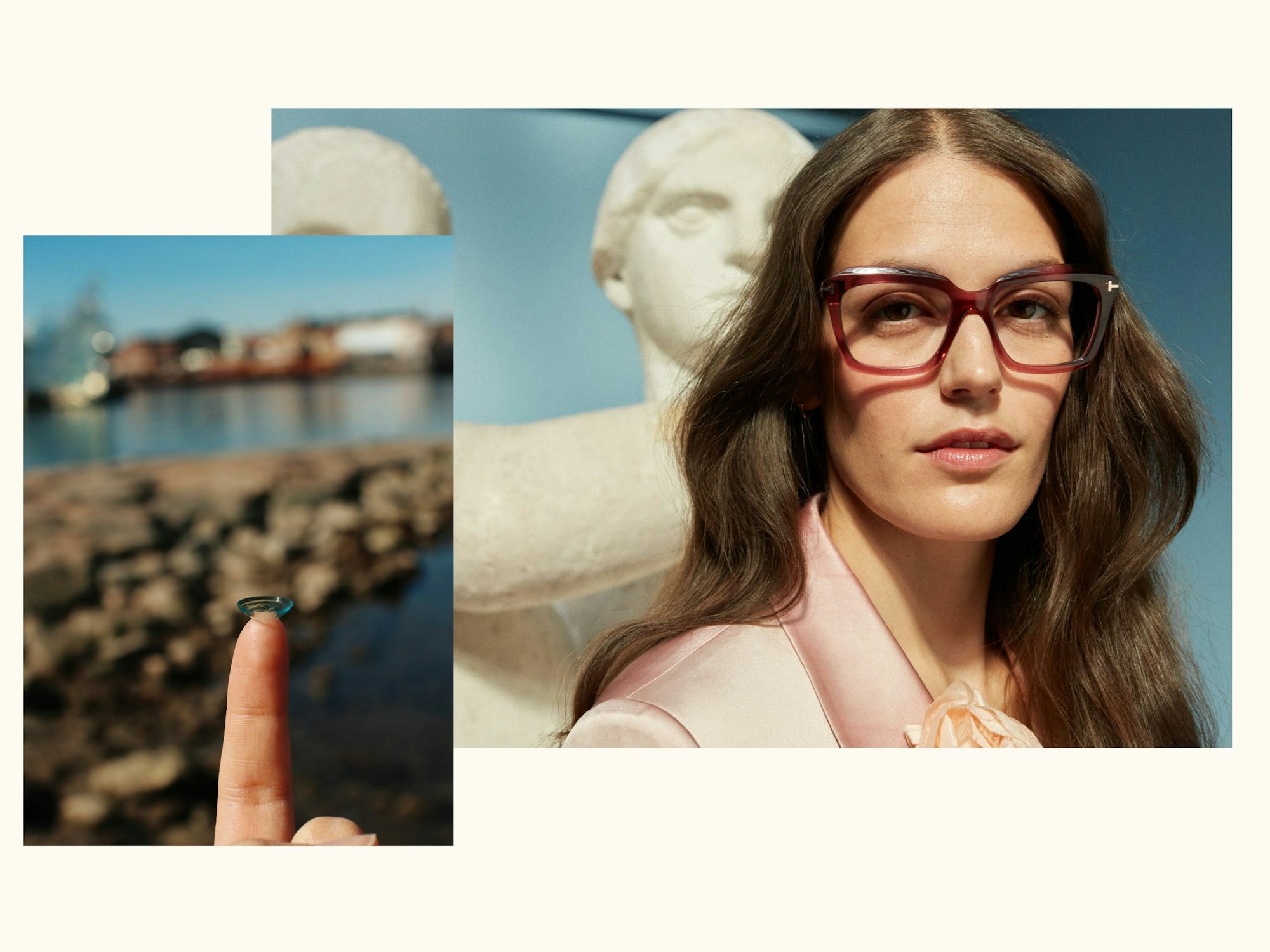 To bilder: Dame med briller og en hånd med linser