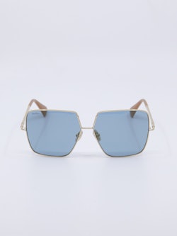Oversized metallsolbrille i gullmed blå brilleglass