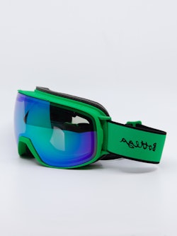 Goggles i grønn og blåfarge, bilde fra siden